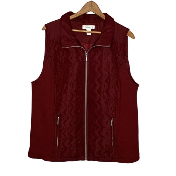 CJ Banks 1X Red Quilted Full Zip Front Ribbed Knit Sides Puffer Vest Jacket Plus - Picture 1 of 4